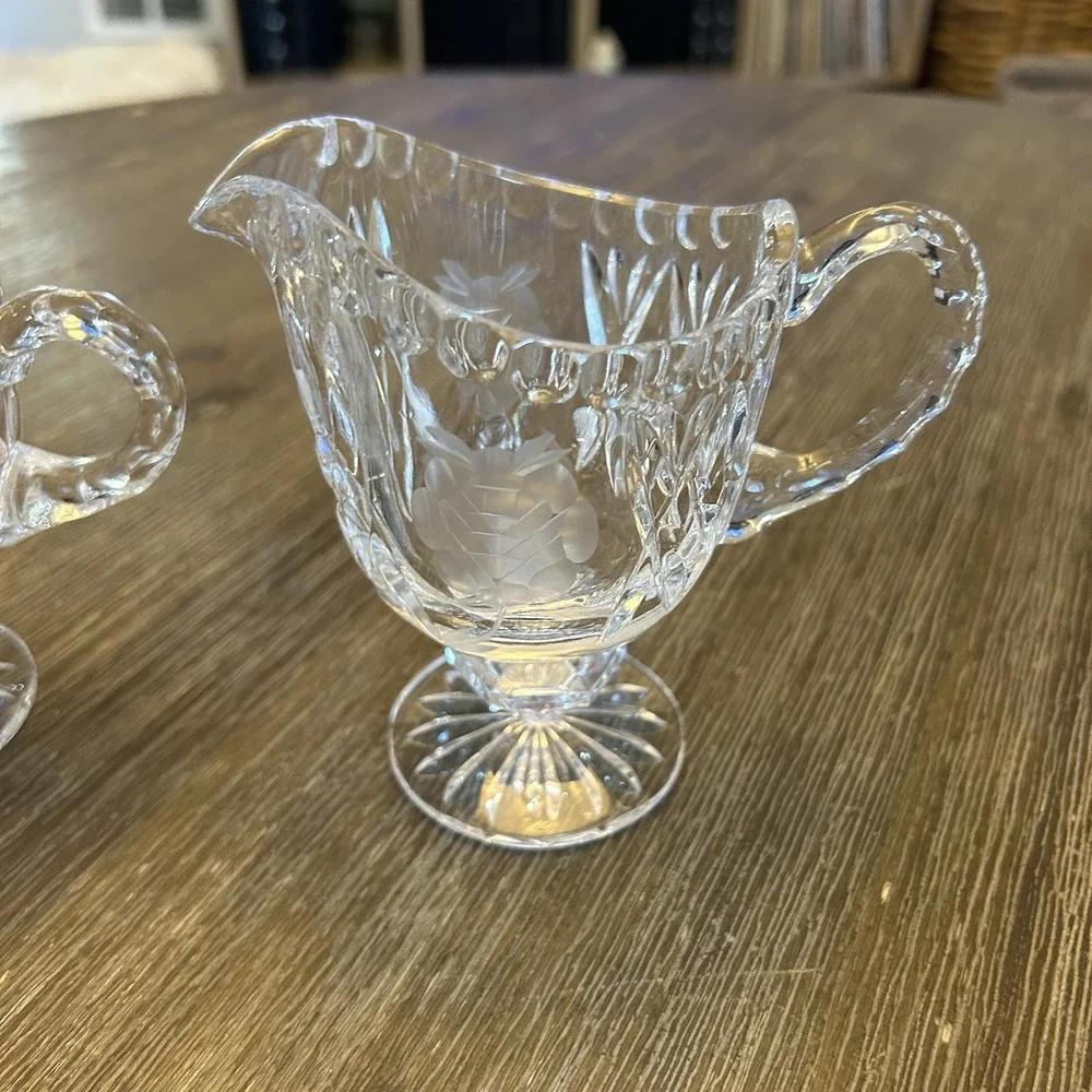 Vintage Cut Crystal Creamer & Covered Sugar Bowl Set Etched Rose Footed Floral